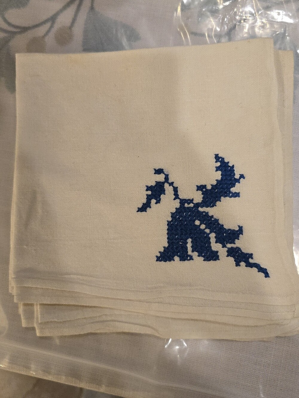 Vintage Cream Linen Napkins with Blue Cross-Stitch Motif -6 Piece Set